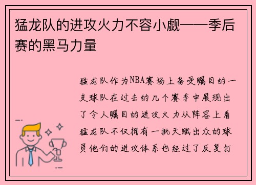 猛龙队的进攻火力不容小觑——季后赛的黑马力量
